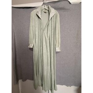 Diamond Tea Robe Womens L-XL Green Velour Zip Front‎ Embroidered Kaftan Pockets